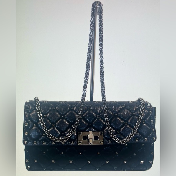 VALENTINO GARAVANI Rockstud Spike Quilted Calf Leather Shoulder Bag Black AUTH - Picture 3 of 13